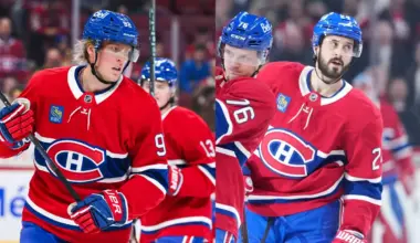 Montreal Canadiens forward Philip Danault (24) celebrates with teammate forward Zack Bolduc (76) after scoring a goal against the Vegas Golden Knights during the second period at the Bell Centre.