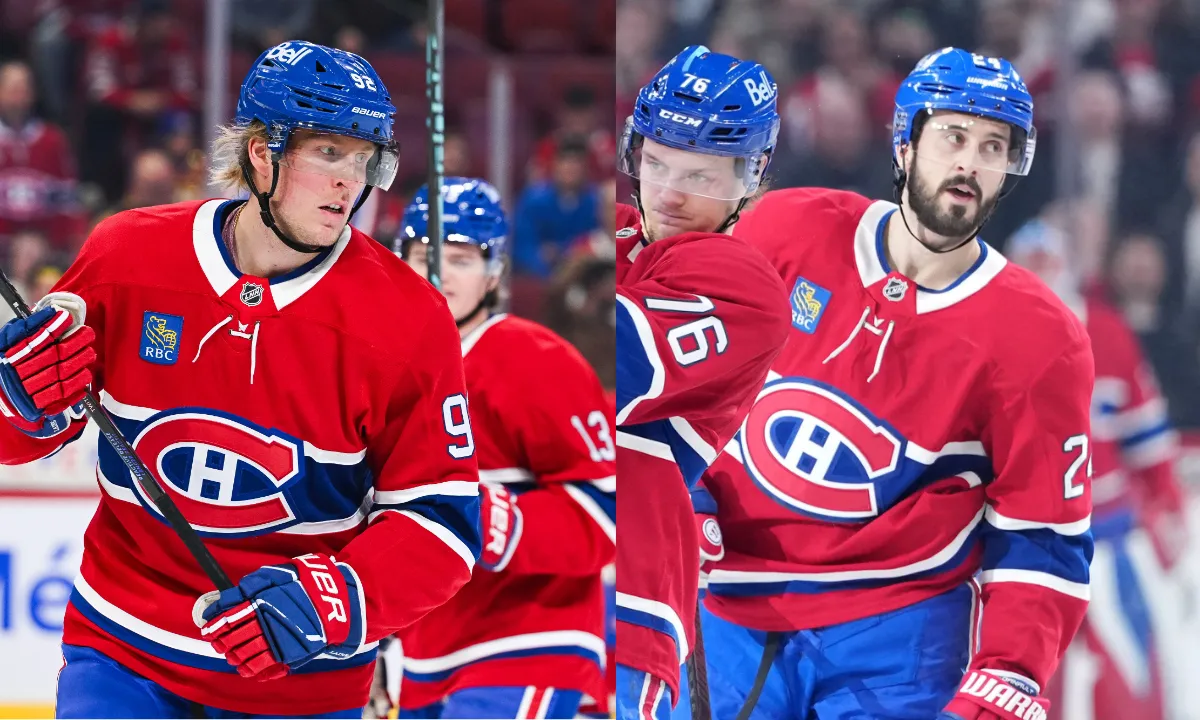 Montreal Canadiens forward Philip Danault (24) celebrates with teammate forward Zack Bolduc (76) after scoring a goal against the Vegas Golden Knights during the second period at the Bell Centre.