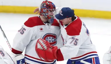 Winnipeg, Manitoba, CAN;Montreal Canadiens goaltender Samuel Montembeault (35) and goaltender Jakub Dobes (75) celebrate a victory against the Winnipeg Jets at Canada Life Centre.