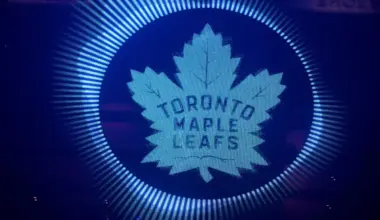A Toronto Maple Leafs logo appear on the arena video board before play begins against the Pittsburgh Penguins at Scotiabank Arena.