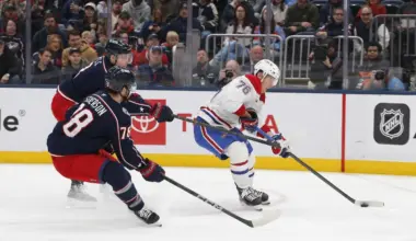 Montreal Canadiens center Zack Bolduc (76) prepares to shoot while Columbus Blue Jackets defenseman Damon Severson (78) tracks the play during the first period at Nationwide Arena.