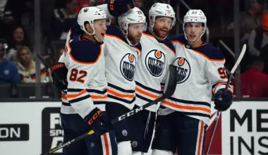 Edmonton Oilers defenseman Caleb Jones (82), center Ryan Nugent-Hopkins (93), defenseman Adam Larsson (6) and center Ryan Nugent-Hopkins (93) celebrate after a goal against the Los Angeles Kings in the first period at Staples Center
