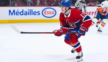 Montreal Canadiens right wing Cole Caufield (13) skates against the New York Islanders during the first period at Bell Centre.