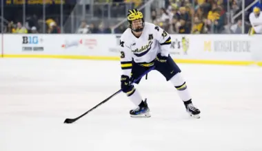 Michigan Wolverines forward T.J. Hughes (13) skates against Penn State during a Big Ten Tournament quarter final game at Yost Arena.
