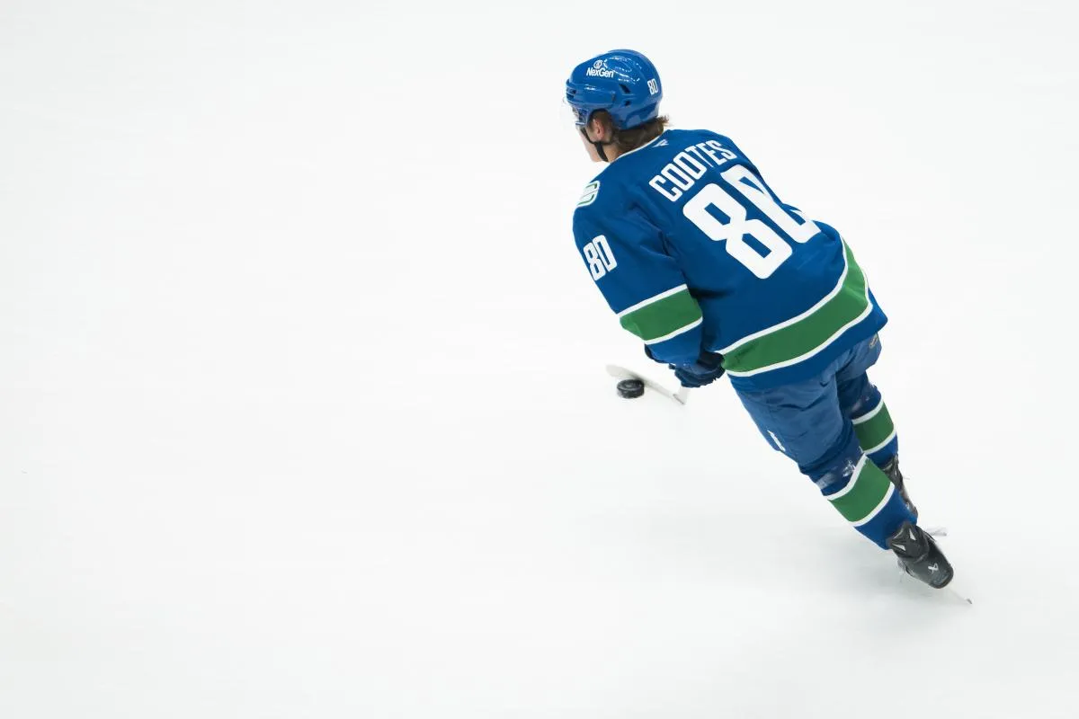 Vancouver Canucks forward Braeden Cootes (80) handles the puck during warm up prior to a game against the St. Louis Blues at Rogers Arena.