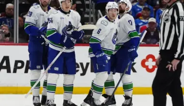 Members of the Vancouver Canucks celebrate a third period empty net goal by right wing Brock Boeser (6) against the Colorado Avalanche at Ball Arena.