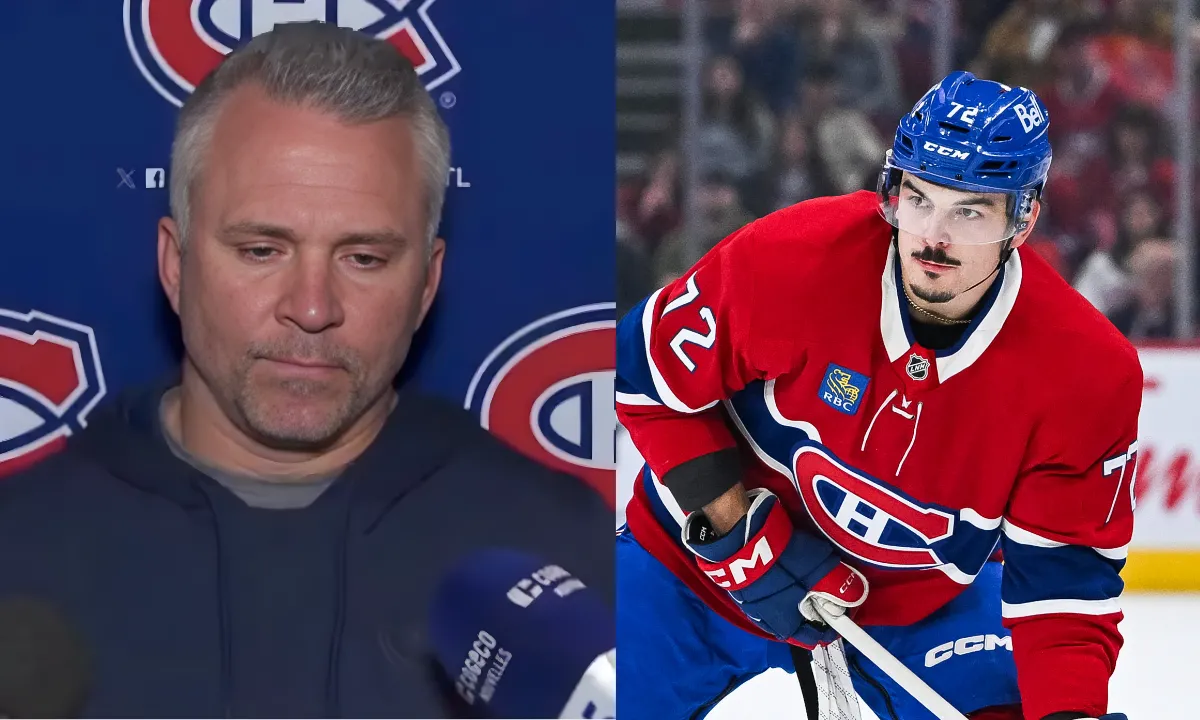 Montreal Canadiens defenseman Arber Xhekaj (72) plays the puck against the Anaheim Ducks during the first period at Bell Centre.