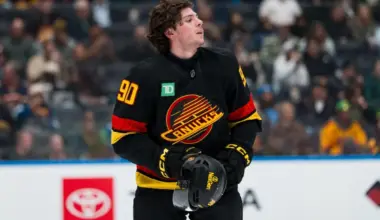Vancouver Canucks defenseman Victor Mancini (90) puts his helmet back on after a scrum against the Florida Panthers in the first period at Rogers Arena.
