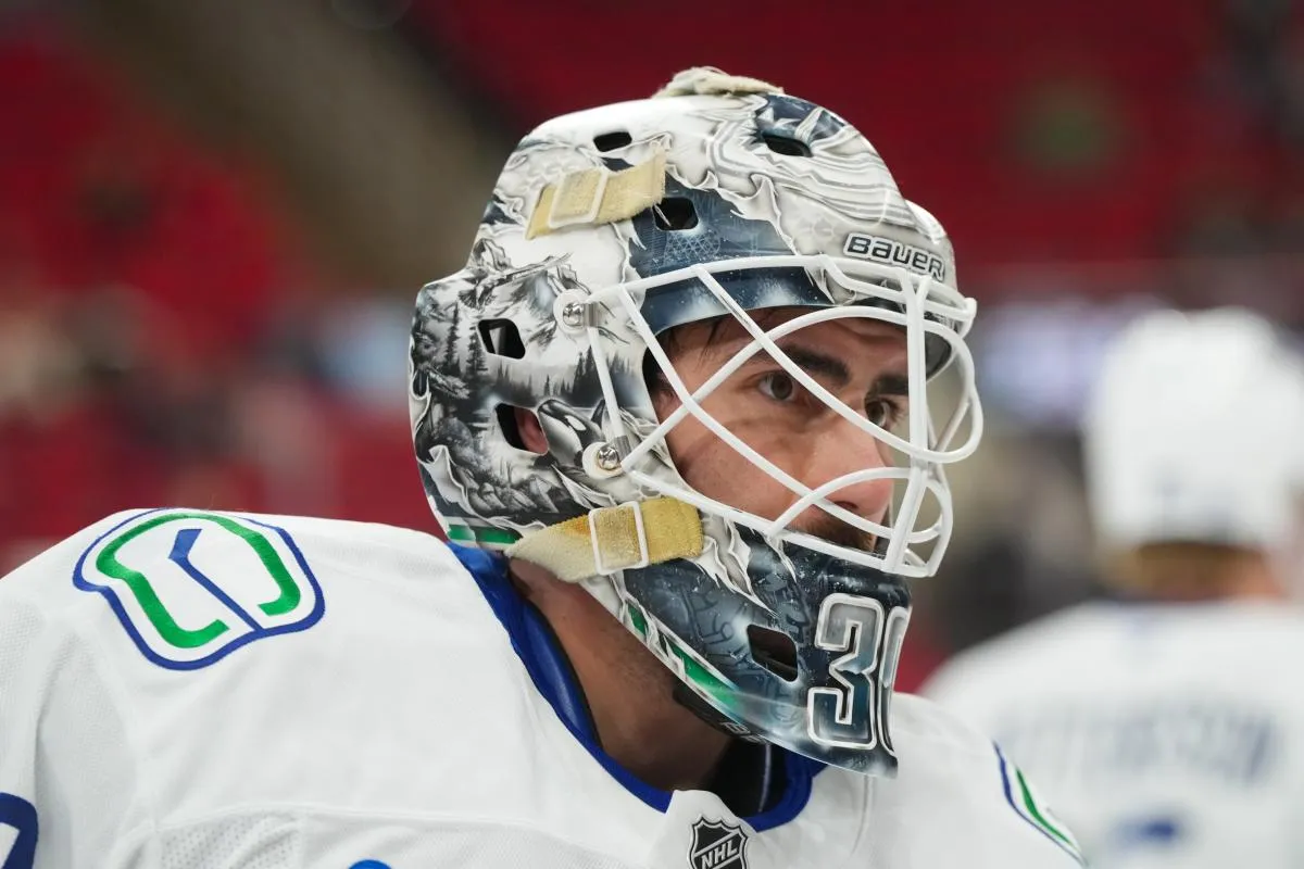 Vancouver Canucks goaltender Jiri Patera (30) looks on during the warmups before the game against the Carolina Hurricanes at Lenovo Center.