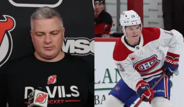 Montréal Canadiens right wing Cole Caufield (13) controls the puck against the New Jersey Devils during the first period at Prudential Center.