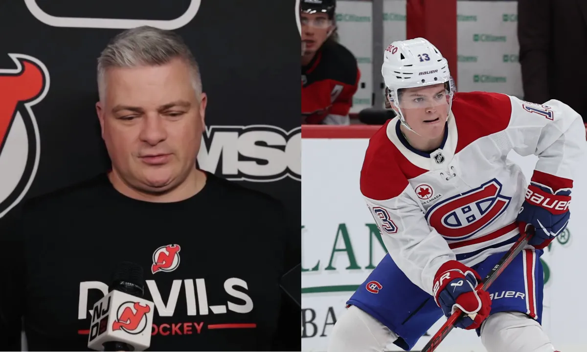 Montréal Canadiens right wing Cole Caufield (13) controls the puck against the New Jersey Devils during the first period at Prudential Center.