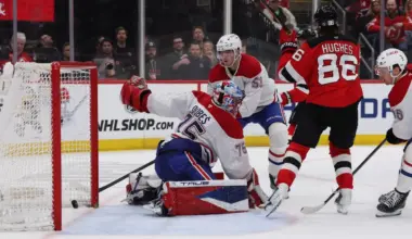 New Jersey Devils center Jack Hughes (86) scores a goal against Montréal Canadiens goaltender Jakub Dobes (75) during the second period at Prudential Center.