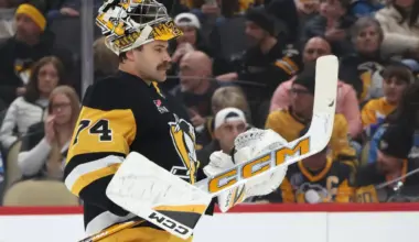 Pittsburgh Penguins goaltender Stuart Skinner (74) returns to his net against the Dallas Stars during the second period at PPG Paints Arena.