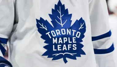 View of a Toronto Maple Leafs logo on a jersey worn by a member of the team during the second period at Bell Centre.