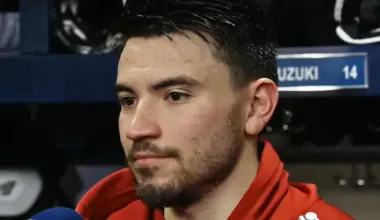 Photo of Nick Suzuki speaking to media post Canadiens-Devils game.