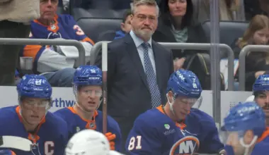 New York Islanders head coach Patrick Roy coaches against the Florida Panthers during the first period at UBS Arena.
