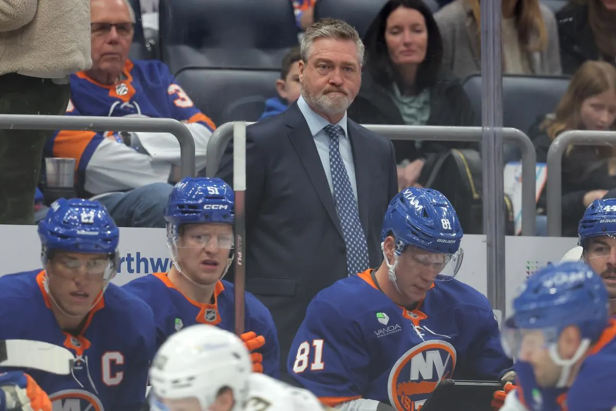 New York Islanders head coach Patrick Roy coaches against the Florida Panthers during the first period at UBS Arena.