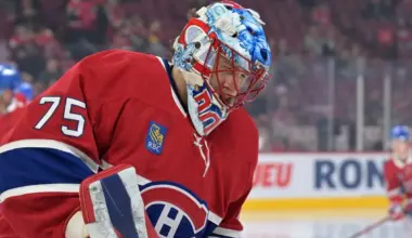 Montreal Canadiens goalie Jakub Dobes (75) skates during the warmup before the game against the Columbus Blue Jackets at the Bell Centre.