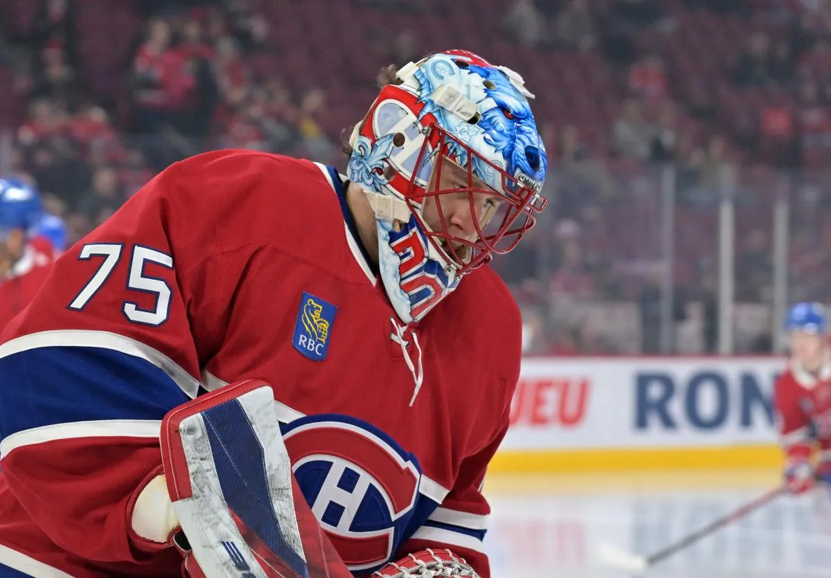 Montreal Canadiens goalie Jakub Dobes (75) skates during the warmup before the game against the Columbus Blue Jackets at the Bell Centre.