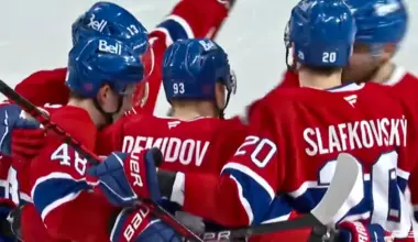 Photo of Ivan Demidov and Canadiens celebrating goal vs Panthers.