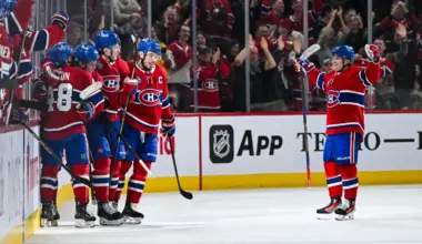Montreal Canadiens defenseman Kaiden Guhle (21) celebrates with his teammates his second goal of the game against the Carolina Hurricanes in the second period at Bell Centre.