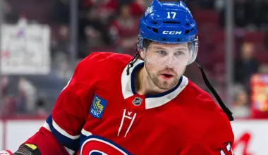 Montreal Canadiens right wing Josh Anderson (17) looks on during warm-up before the game against the New York Islanders at Bell Centre.