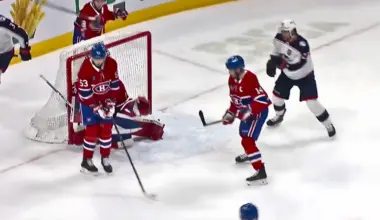 Photo of Noah Dobson blocking a shot during game vs Blue Jackets.