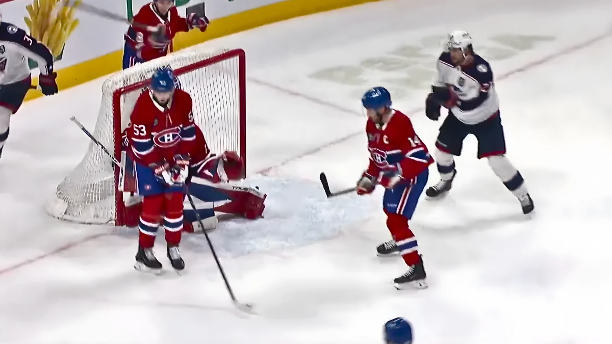 Photo of Noah Dobson blocking a shot during game vs Blue Jackets.