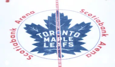 The Toronto Maple Leafs logo at center ice before game one of the first round of the 2025 Stanley Cup Playoffs against the Ottawa Senators at Scotiabank Arena.