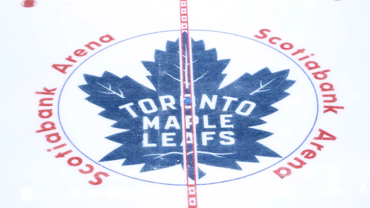 The Toronto Maple Leafs logo at center ice before game one of the first round of the 2025 Stanley Cup Playoffs against the Ottawa Senators at Scotiabank Arena.