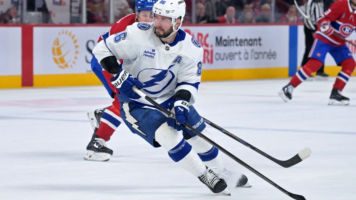 Montreal, Quebec, CAN;Tampa Bay Lightning forward Nikita Kucherov (86) plays the puck during the second period of the game against the Montreal Canadiens at the Bell Centre.