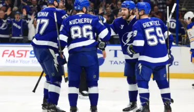 Tampa Bay Lightning right wing Nikita Kucherov (86) is congratulated by left wing Brandon Hagel (38), defenseman Victor Hedman (77) and center Jake Guentzel (59) after he scored a goal against the Buffalo Sabres during the first period at Benchmark International Arena.