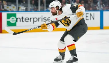 Vegas Golden Knights defenseman Rasmus Andersson (4) shoots against the Vancouver Canucks in the first period at Rogers Arena.