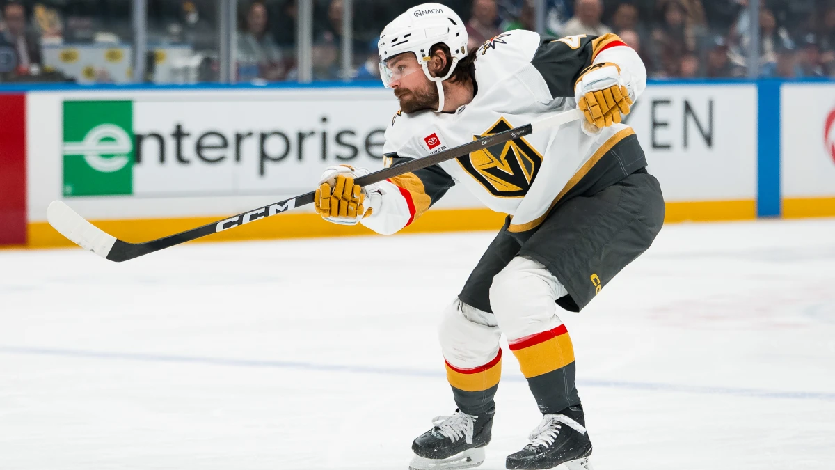 Vegas Golden Knights defenseman Rasmus Andersson (4) shoots against the Vancouver Canucks in the first period at Rogers Arena.