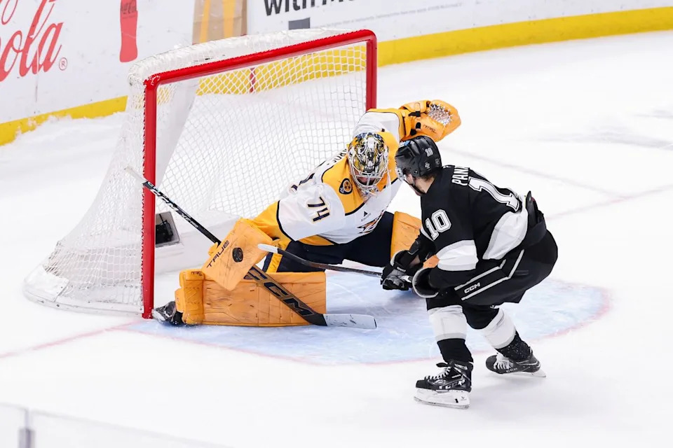Juuse Saros #74 of the Nashville Predators makes a save in the shootout against Artemi Panarin #10 of the Los Angeles Kings during an NHL hockey game, Thursday April 2, 2026 in Los Angeles, Calif.