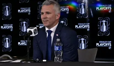 Photo of Montreal Canadiens head coach Martin St-Louis addressing media post game 1 win vs Tampa Bay.
