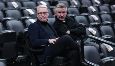 Keith Pelley President of Maple Leaf Sports  Entertainment talks with the media during the warmup before a game between the Orlando Magic and the Toronto Raptors at Scotiabank Arena.