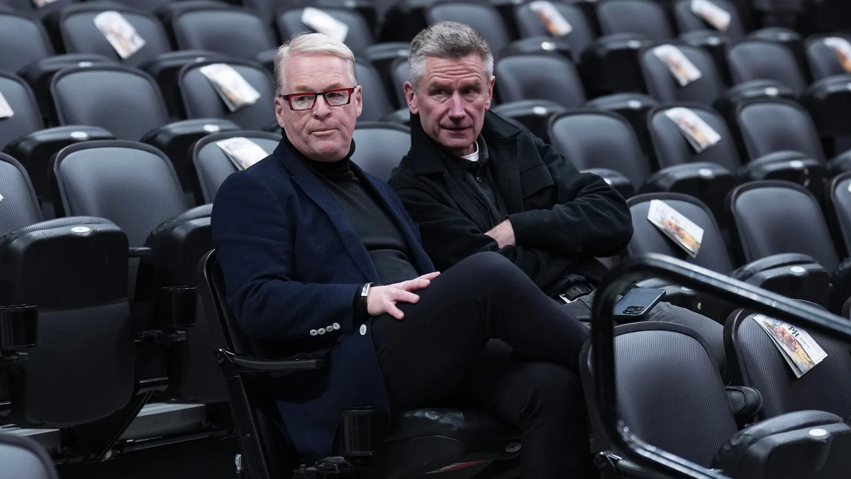Keith Pelley President of Maple Leaf Sports  Entertainment talks with the media during the warmup before a game between the Orlando Magic and the Toronto Raptors at Scotiabank Arena.