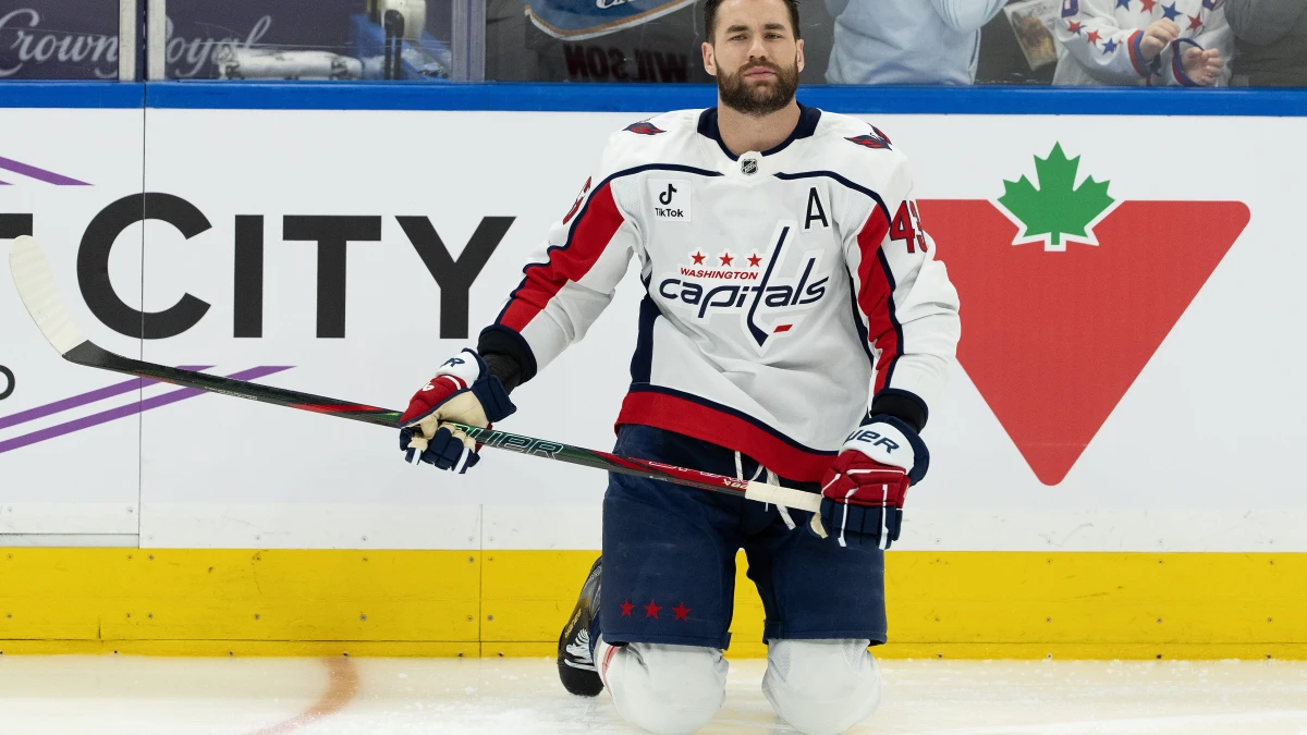 Washington Capitals right wing Tom Wilson (43) stretches during the warmup before a game against the Toronto Maple Leafs at Scotiabank Arena.