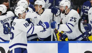 The Toronto Maple Leafs celebrate a goal scored by forward Mitch Marner (16) during the third period against the Edmonton Oilers at Rogers Place.