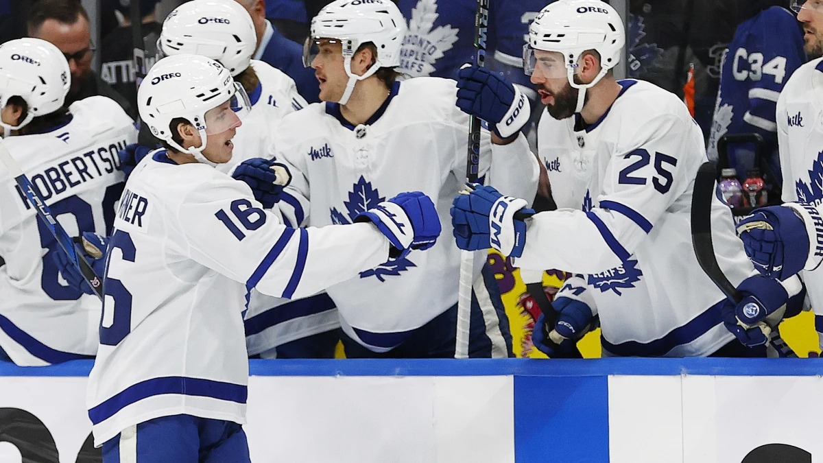 The Toronto Maple Leafs celebrate a goal scored by forward Mitch Marner (16) during the third period against the Edmonton Oilers at Rogers Place.
