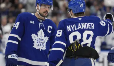 Toronto Maple Leafs forward William Nylander (88) and forward Auston Matthews (34) discuss a play against the Tampa Bay Lightning during the first period at Scotiabank Arena.