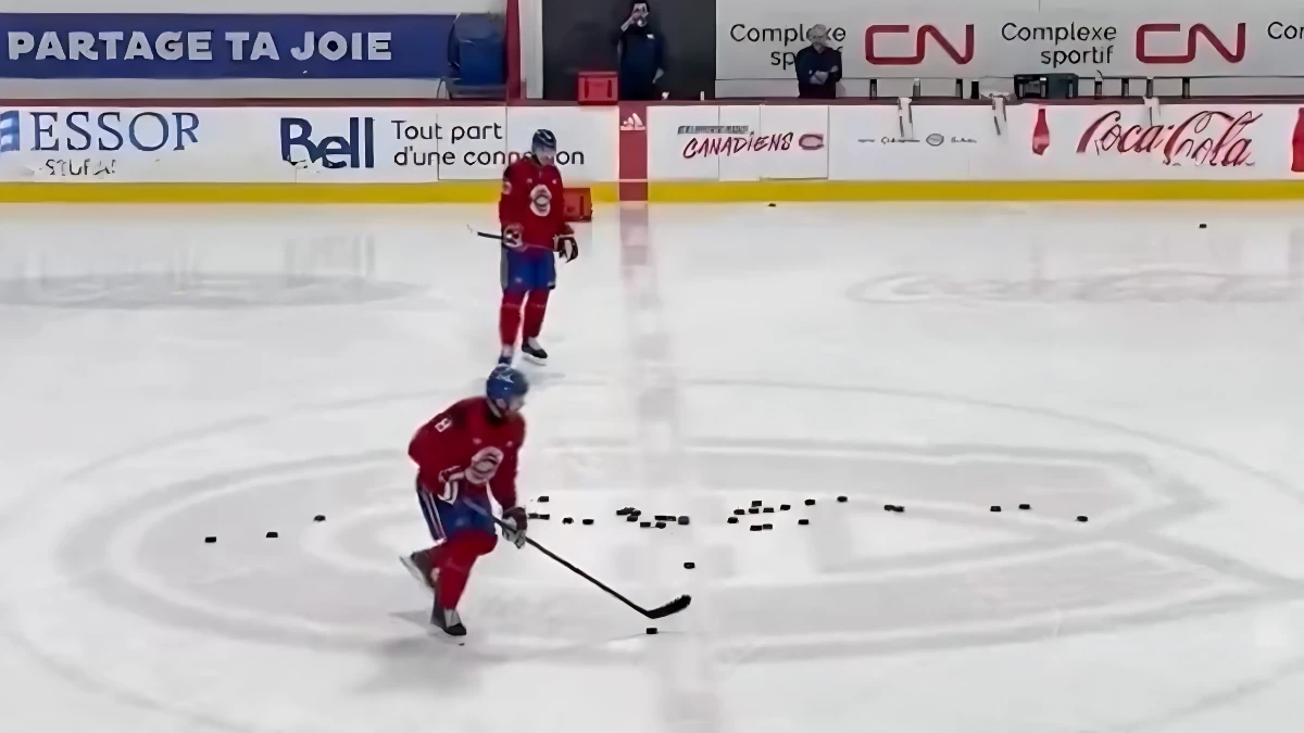 Photo of Mike Matheson and Noah Dobson at Canadiens practice in Brossard