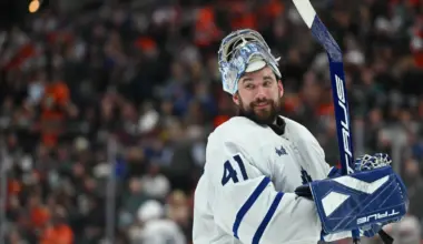 Toronto Maple Leafs goaltender Anthony Stolarz (41) smiles against the Anaheim Ducks during the second period at Honda Center.