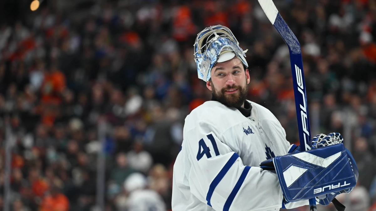 Toronto Maple Leafs goaltender Anthony Stolarz (41) smiles against the Anaheim Ducks during the second period at Honda Center.