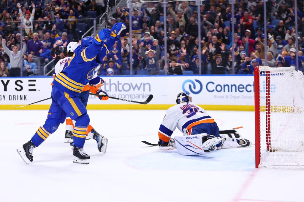 Peyton Krebs celebrates after scoring a key goal on Ilya Sorokin during the third period of the Islanders’ 4-3 loss to the Sabres on March 31, 2026 in Buffalo. NHLI via Getty Images