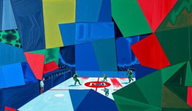 A fragmented, geometric painting depicting a hockey game or match, with sharp, overlapping planes of navy, green, and red, conveying the complex dynamics between a sports franchise and critical journalism.