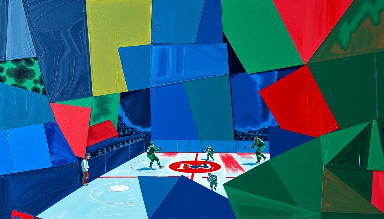A fragmented, geometric painting depicting a hockey game or match, with sharp, overlapping planes of navy, green, and red, conveying the complex dynamics between a sports franchise and critical journalism.