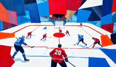 A fractured, multi-perspective painting in bold, geometric shapes and colors, conceptually representing the turmoil surrounding the Toronto Maple Leafs