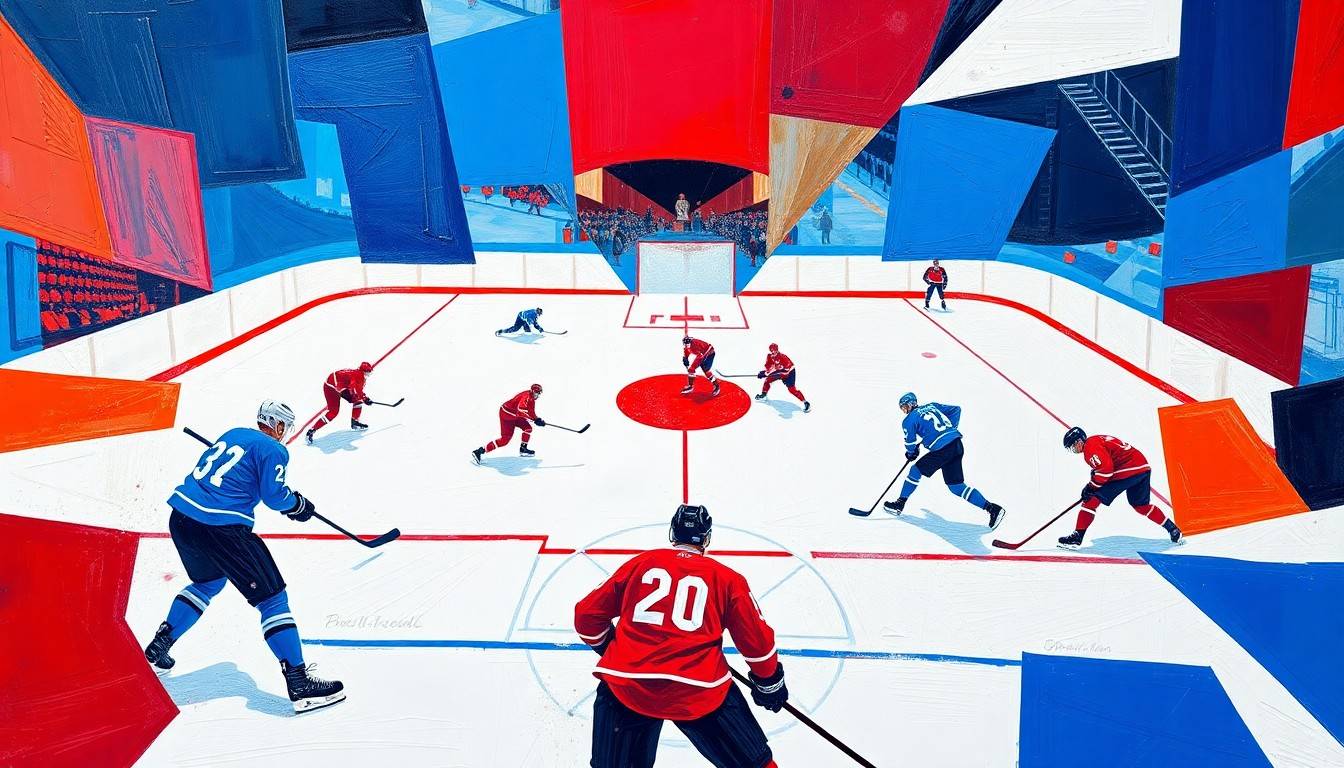 A fractured, multi-perspective painting in bold, geometric shapes and colors, conceptually representing the turmoil surrounding the Toronto Maple Leafs